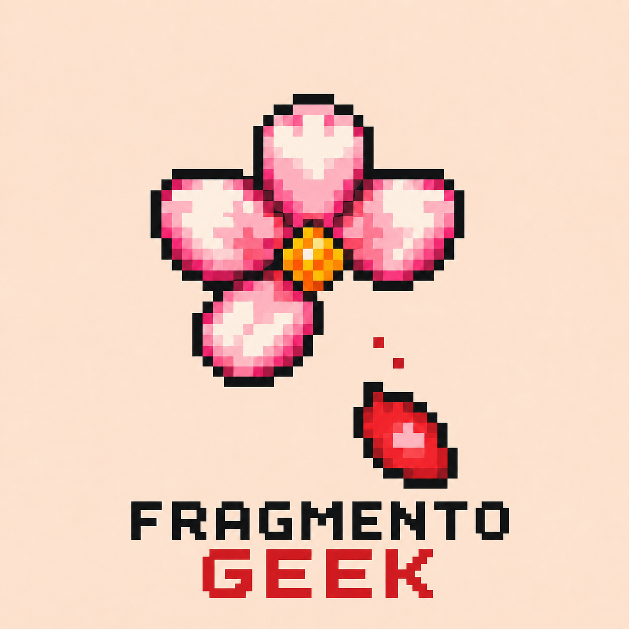 Logo Fragmento Geek: flor de cerejeira e nome em estilo retrô